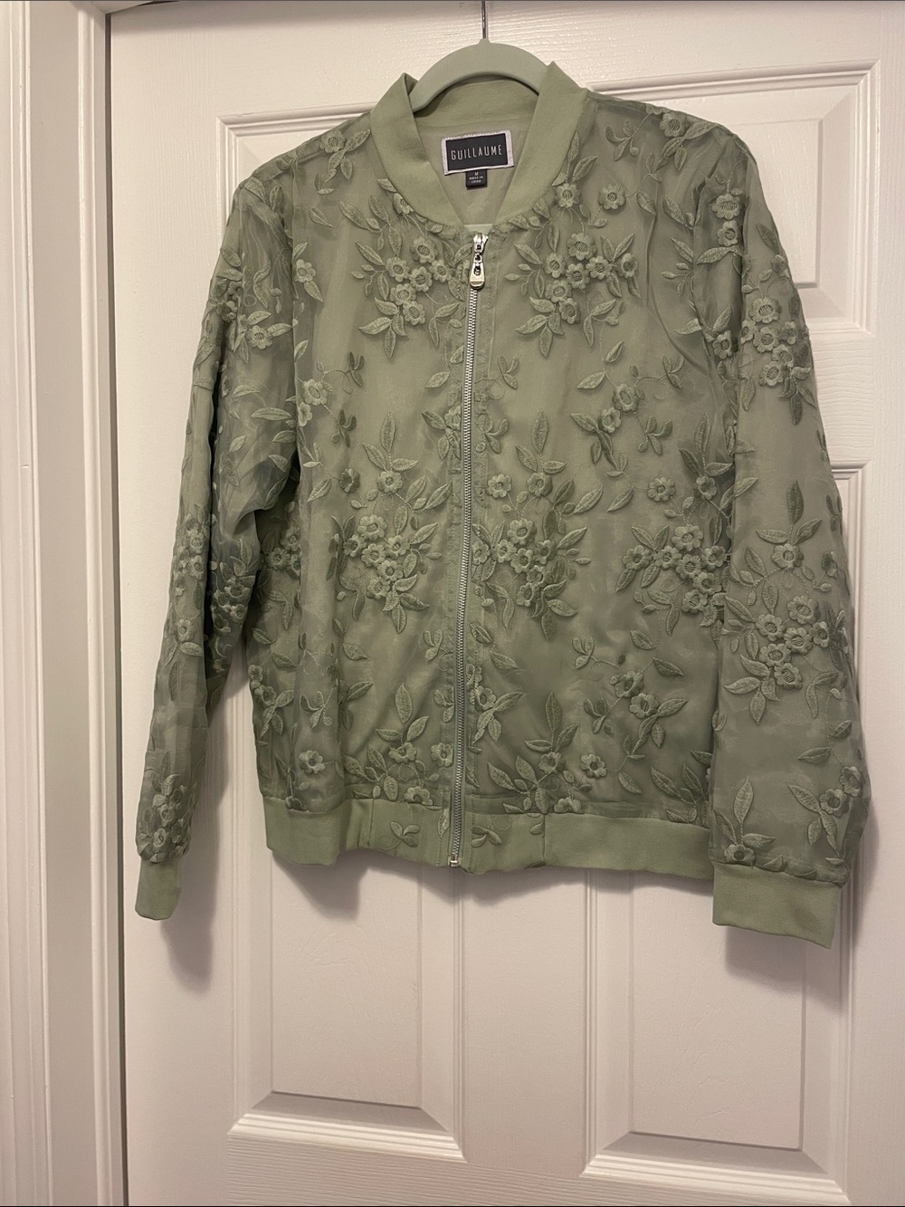 Guillaume Sage Green Floral Embroidered Organza Zip-Up Bomber Jacket NWOT